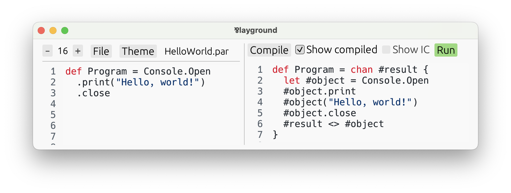 Hello World compiled to process syntax
